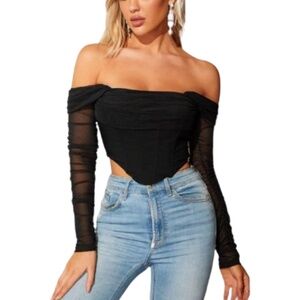 Women’s Off Shoulder Ruched Bandana Hem Crop Mesh Top